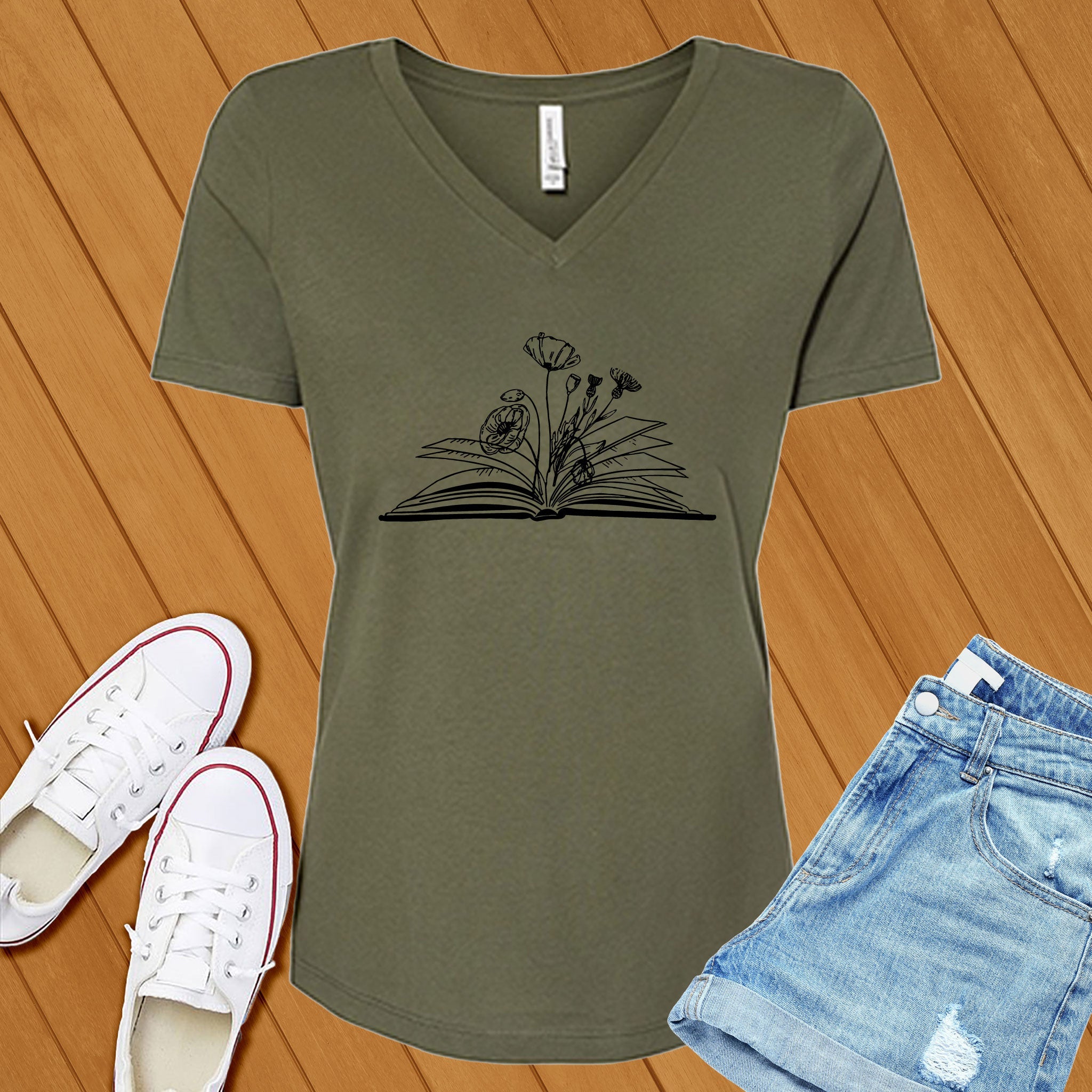 Flower Books Reader V-Neck - Love Tees