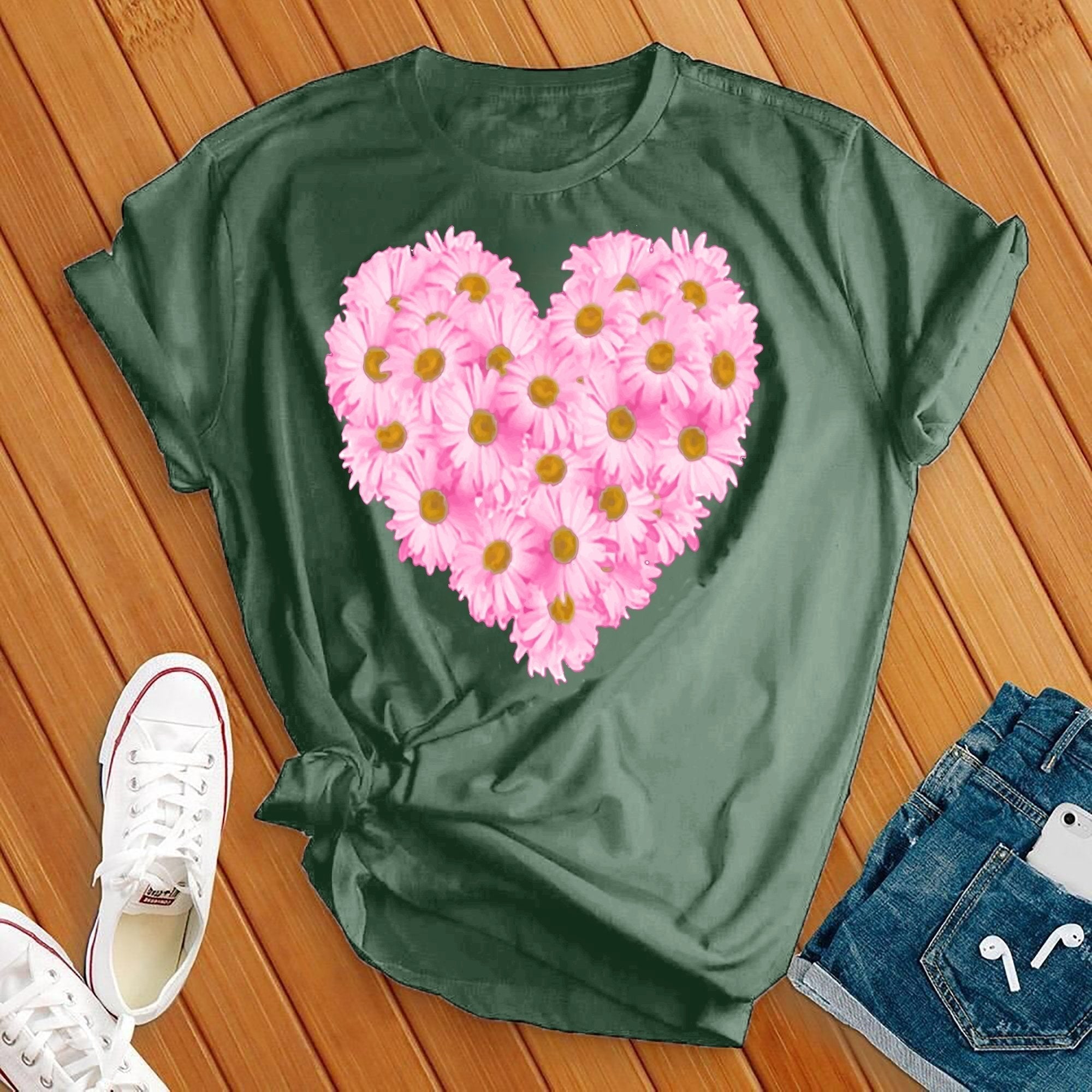 Pink Daises Heart Tee - Love Tees