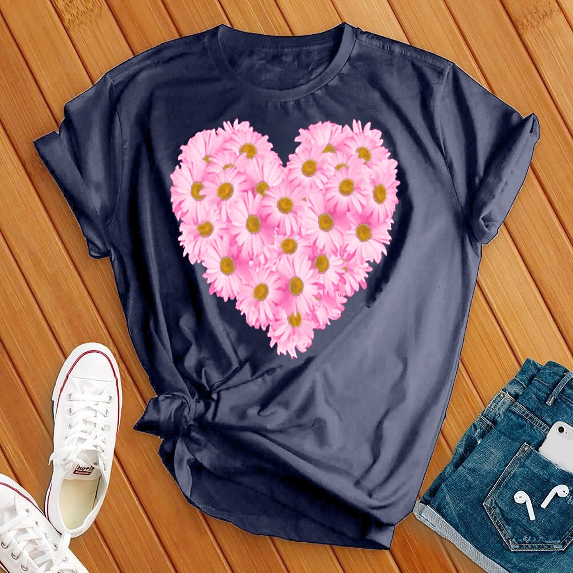 Pink Daises Heart Tee - Love Tees