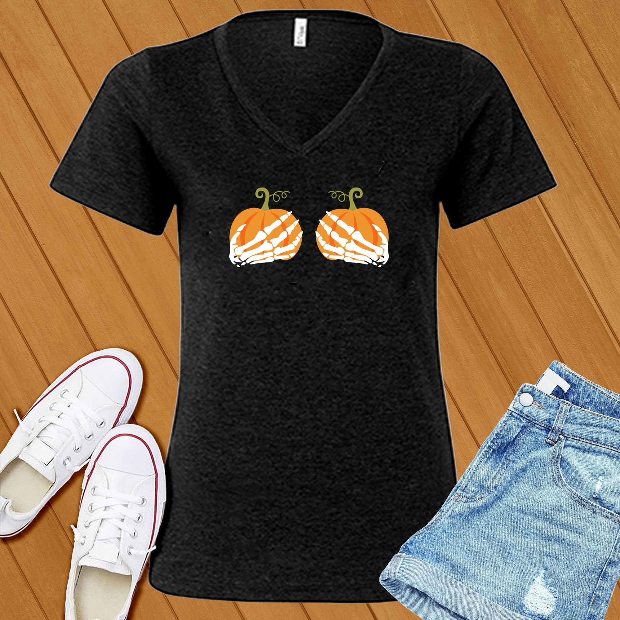 Pumpkin Skeleton Hands V-Neck - Love Tees